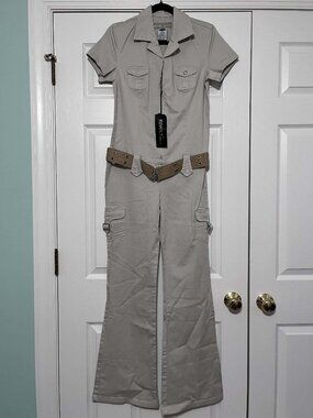 Revolt Jeans Beige (Tan) Cargo Wide Leg Jumsuit Size Large NWT